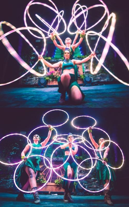 Luma & her troupe Cirque Cadia perform a 16 hoop LED act.